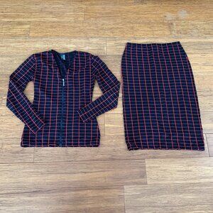 Vintage Wolford Bodycon Skirt & Zipper Top Set Stretchy Nylon Black & Red